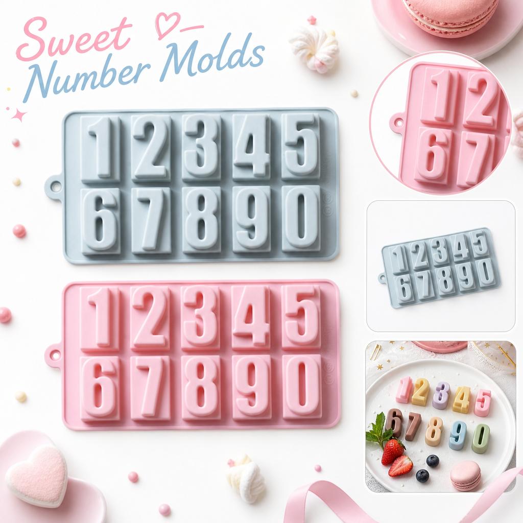 Silicone Number Mold Baking Tool Set for Cake Soft Candy Chocolate Mold Flexible Non-Stick 10 Cavity Number Shape Mold for Baking