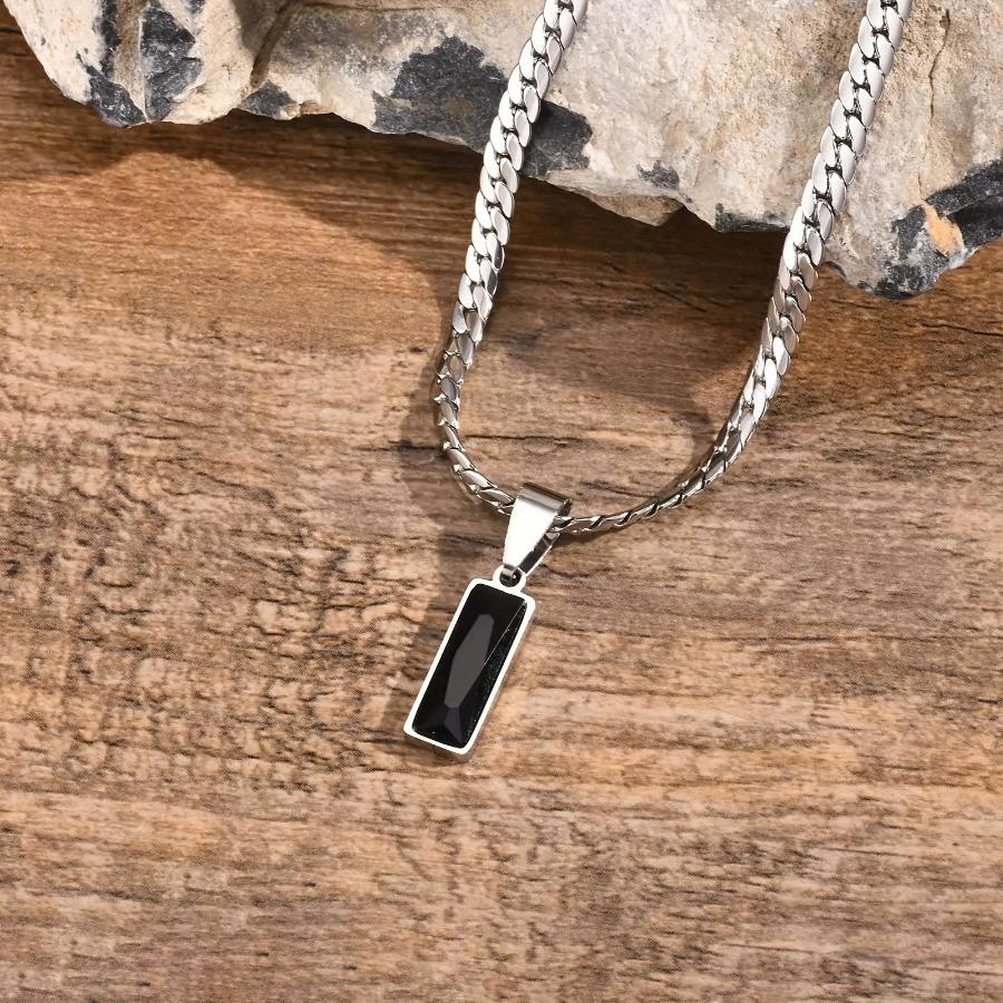 1pc Men's Adjustable Stainless Steel Necklace with Black Synthetic Cubic Zirconiaia Pendant - -Free August Birthstone Suitable for Casual Wear