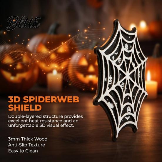 Decorative Mats for Party Halloween Spider Web Wooden Coaster Anti-Slip Wood Cup Mat with Figurine Natural Pine Coasters Thermal Insulated