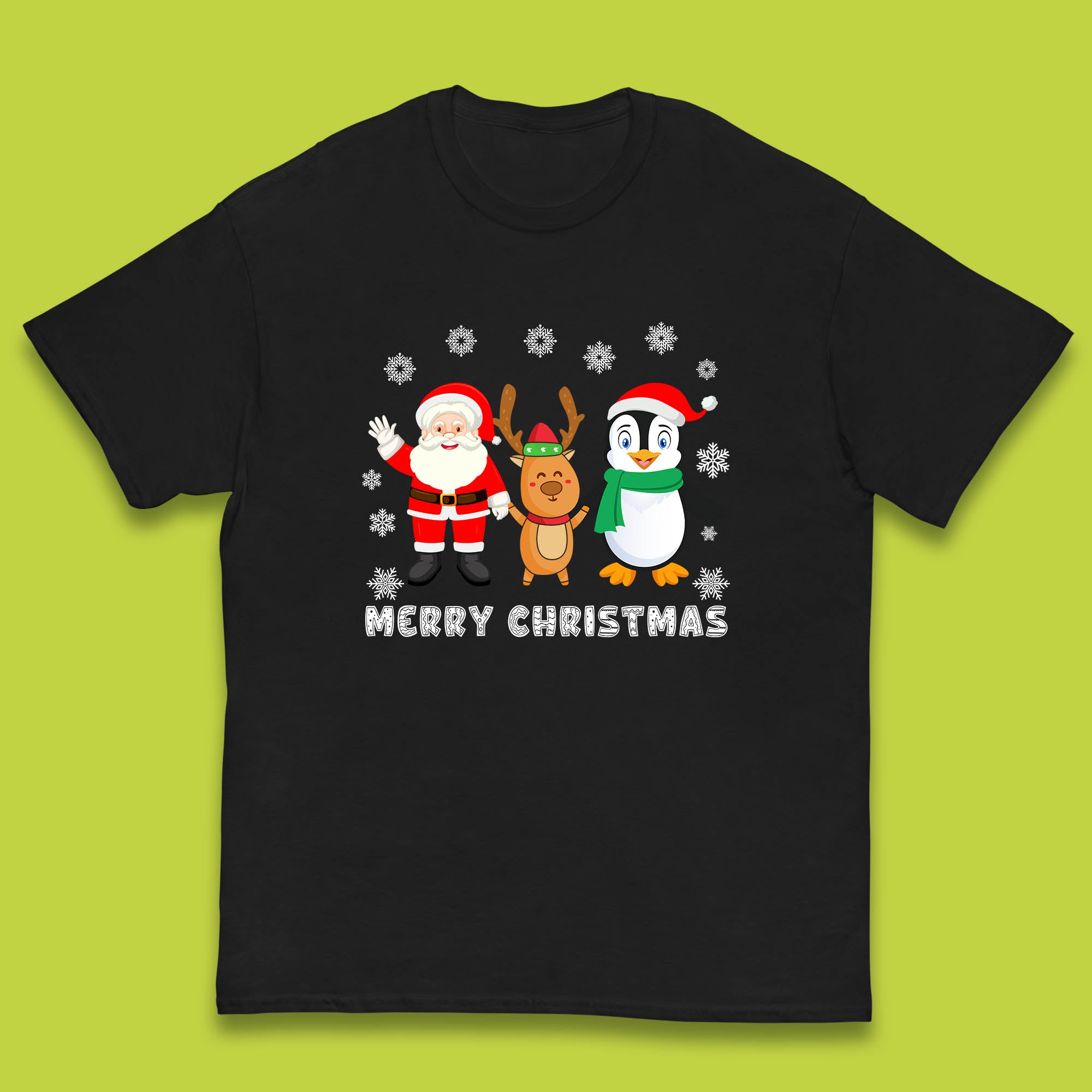 Merry Christmas Penguin Kids T Shirt Santa Claus And Reindeer Top 140