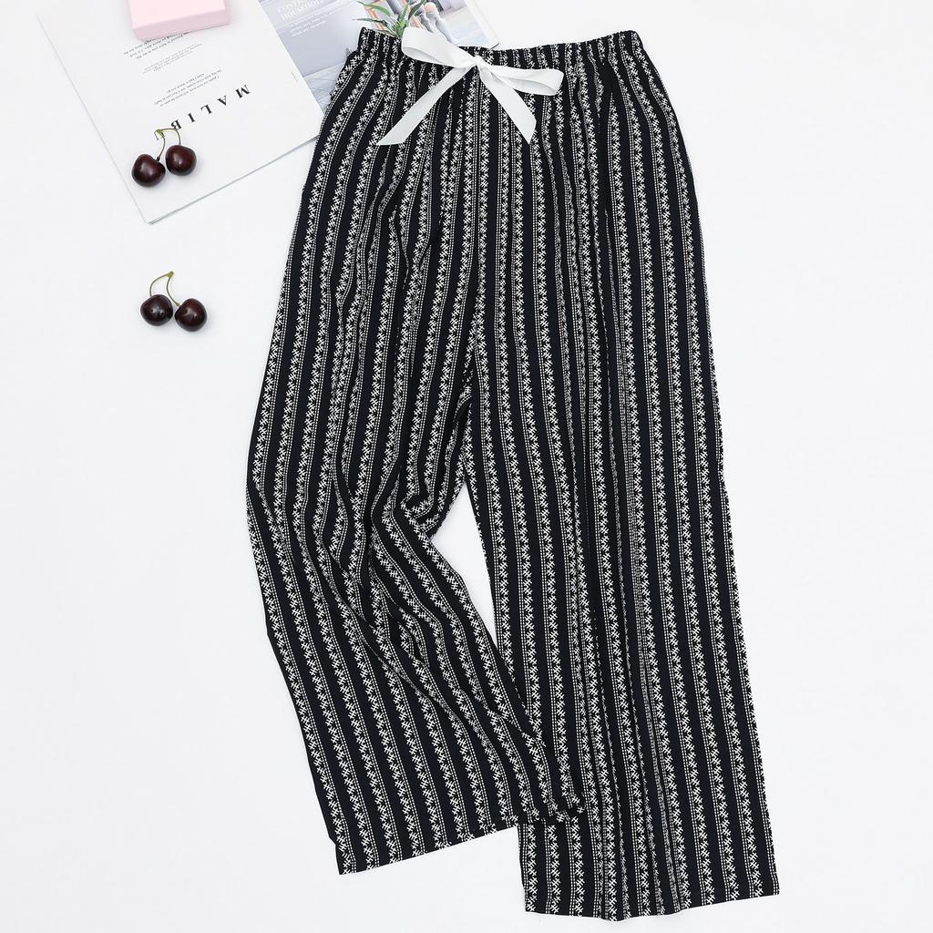 Women's Cotton-Silk Cartoon Pajama Pants, Summer Thin, Black & White Wide-Leg, Plus Size, Outdoor Beach Wear.