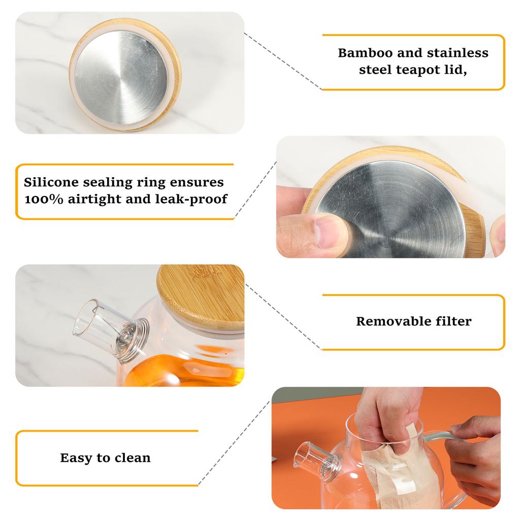 Caraffa in Vetro con Coperchio in Bambù 1800ml Caraffa Acqua in Vetro Multifunzionale Resistente al Calore Brocca in Vetro con Manico per Tè Caldo Freddo