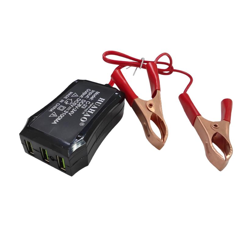 Battery Clip Charger 12V 24V To 5V 3Usb Charging Port For Cellphone Tablet Laptop Emergency Power Usb Adapter