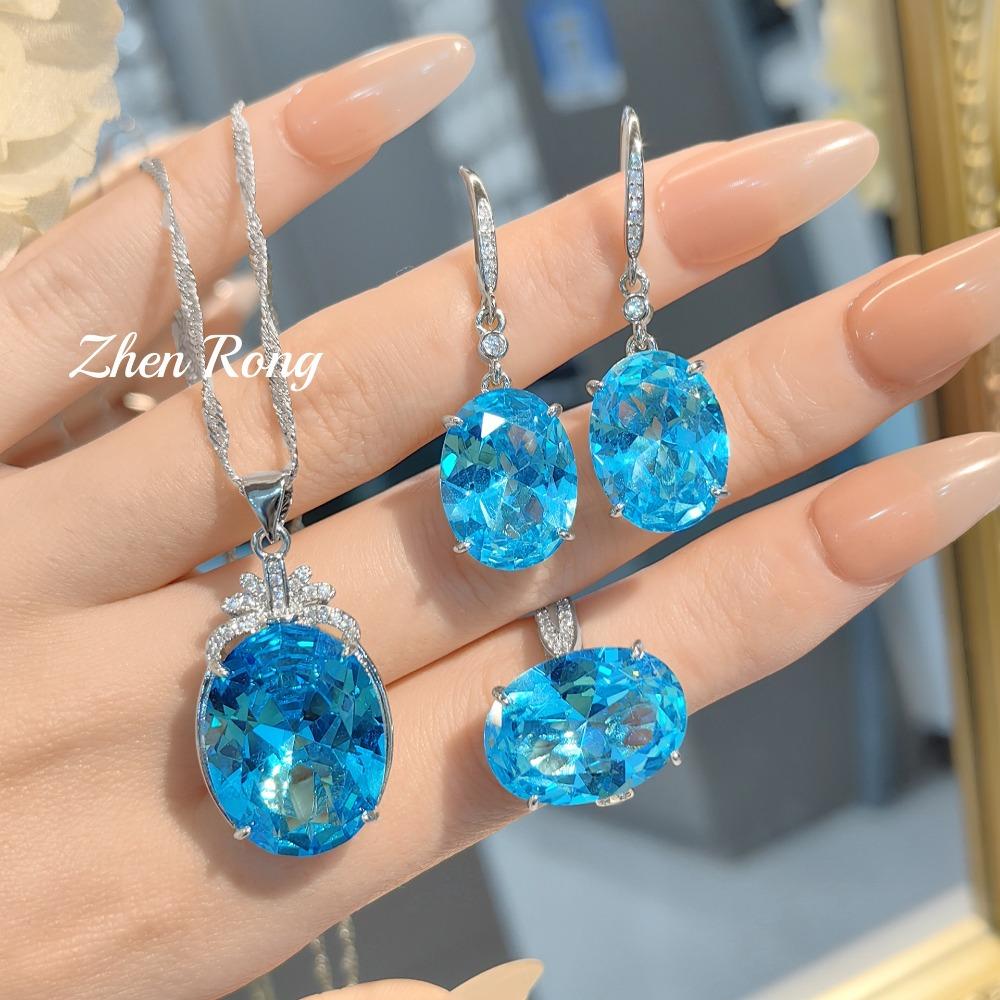 Aquamarine Topaz Jewelry Set for Women Pigeon Egg Earrings Violet Ring Argyle Pink Diamond Pendant