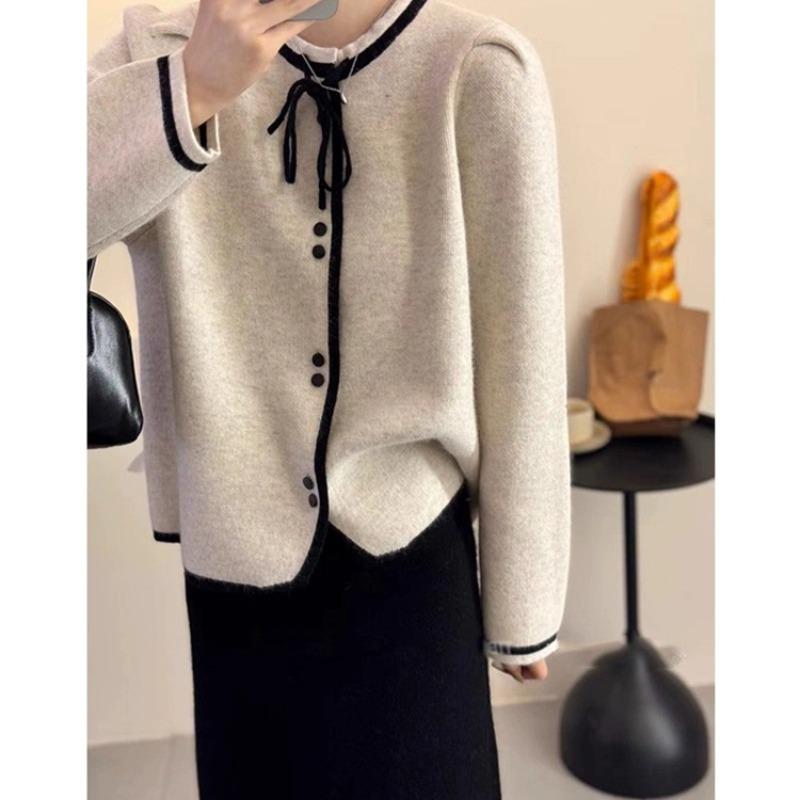 Korean Style Autumn New Sweater Cardigan Women's Loose Slimming Sweater Bow Round Neck Temperament Jacket