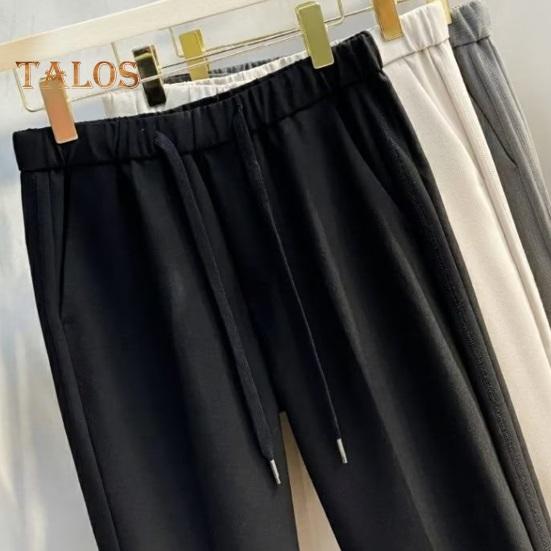 Men Suit Pants Drawstring Elastic Waist Straight Leg Solid Color Loose Formal Business Style Office Wear Trousers Ninth Pants