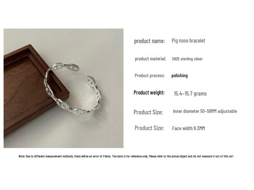 S925 Sterling Silver Korean Pig Nose Heavy Industry Bracelet - Fashionable Simple INS Style Bangle Jewelry.