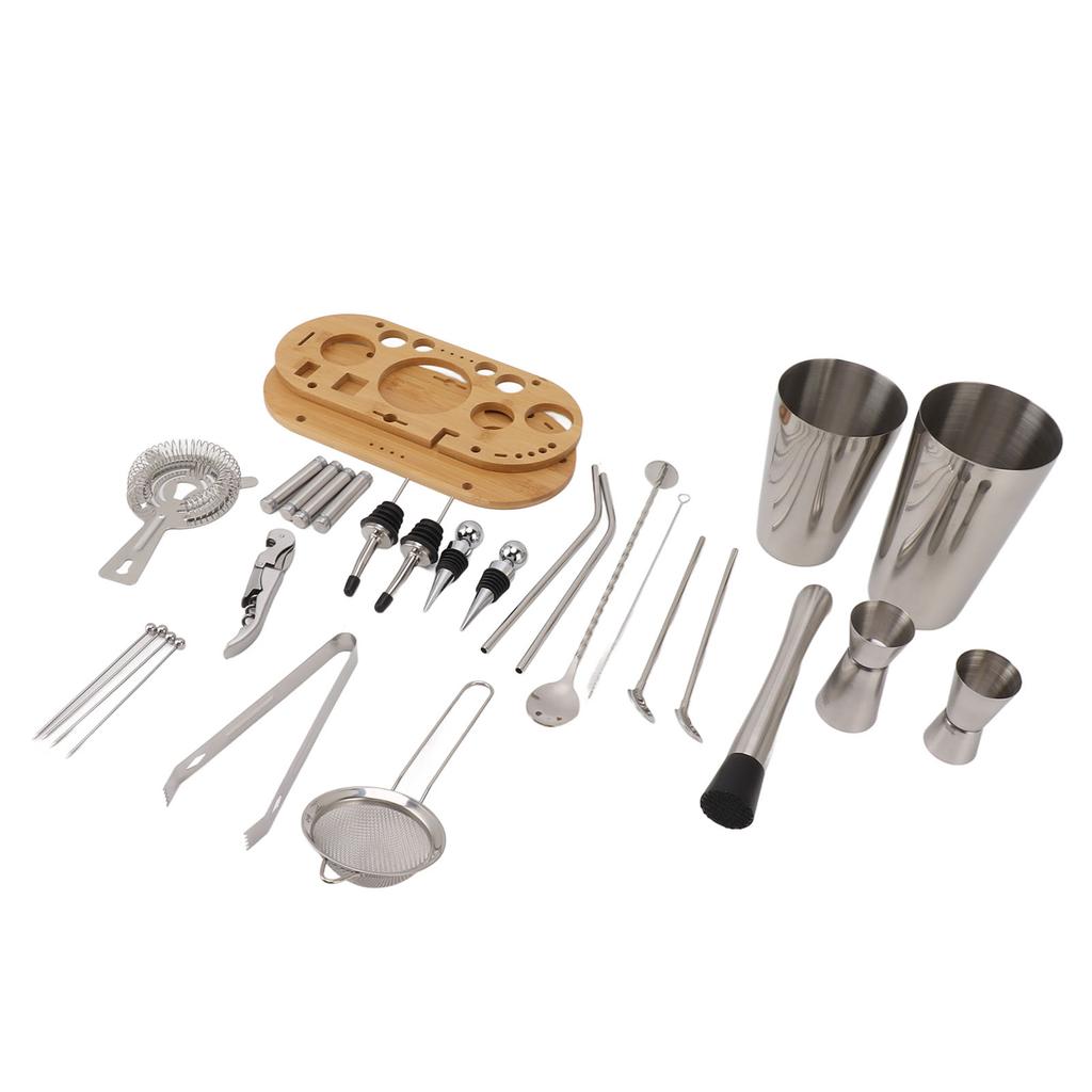 Cocktail Shaker Set Stainless Steel Bartender Kit with Bamboo Stand Full Cocktail Accessories for Party Club Bar Drink