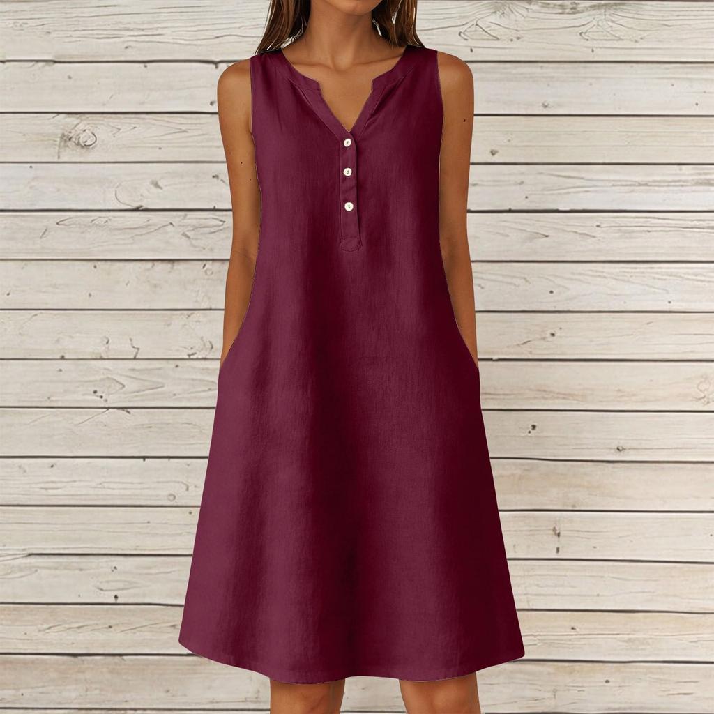 Women's Summer Casual V-neck Button Color Sleeveless Long Dress With Pockets