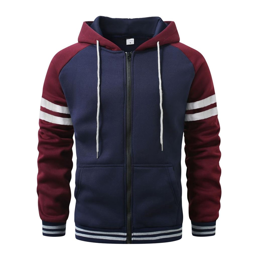 Mens Full Zip Hoodies Striped Color Block Casual Hooded Sweatshirts With Pockets Fashion Patchwork Jackets Outwear