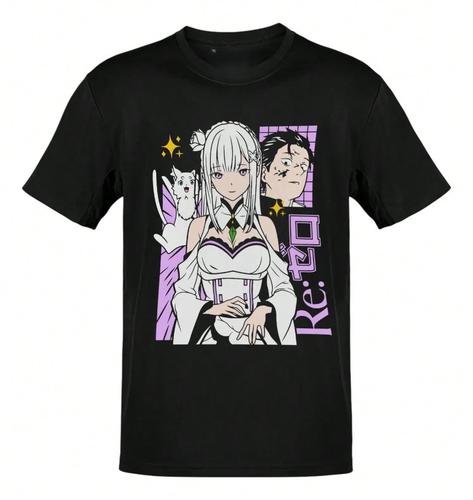 ReZero Waifu Black TShirt Emilia Puck Subaru Anime Fantasy Graphic Tee S