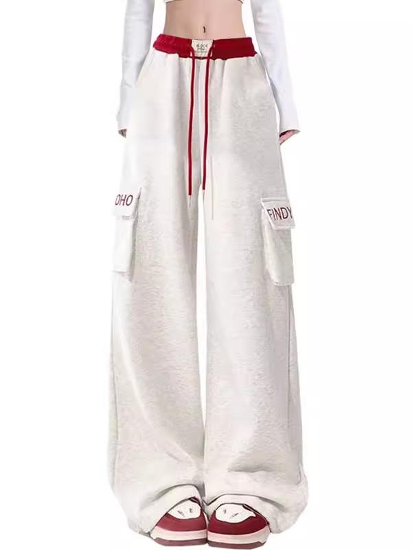 

2025 Американские Ретро Вышитые Брюки Карго: Спортивный, Повседневный, Широкие брюки с большими карманами Small белый/серый