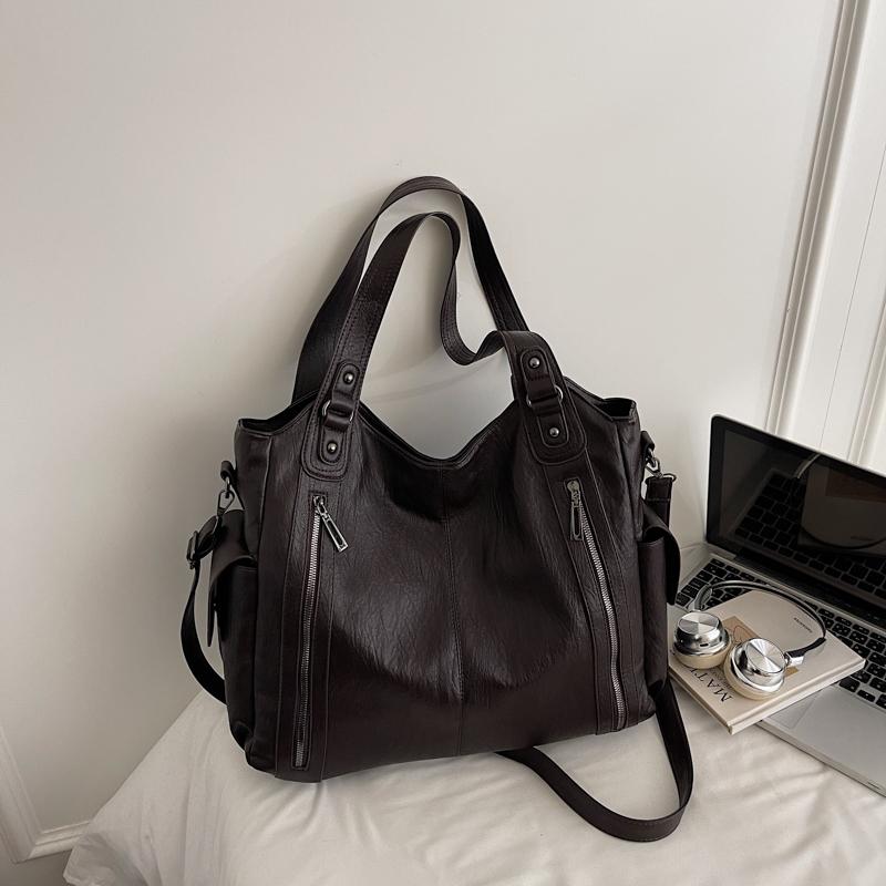 Faux Leather Tote Bag with Dual Zipper Pockets Adjustable Shoulder Strap Women's Everyday Fashion Handbag