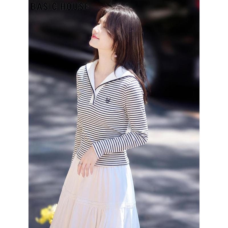 Basic House Women s Retro Striped Sailor Collar Long Sleeve T-Shirt M