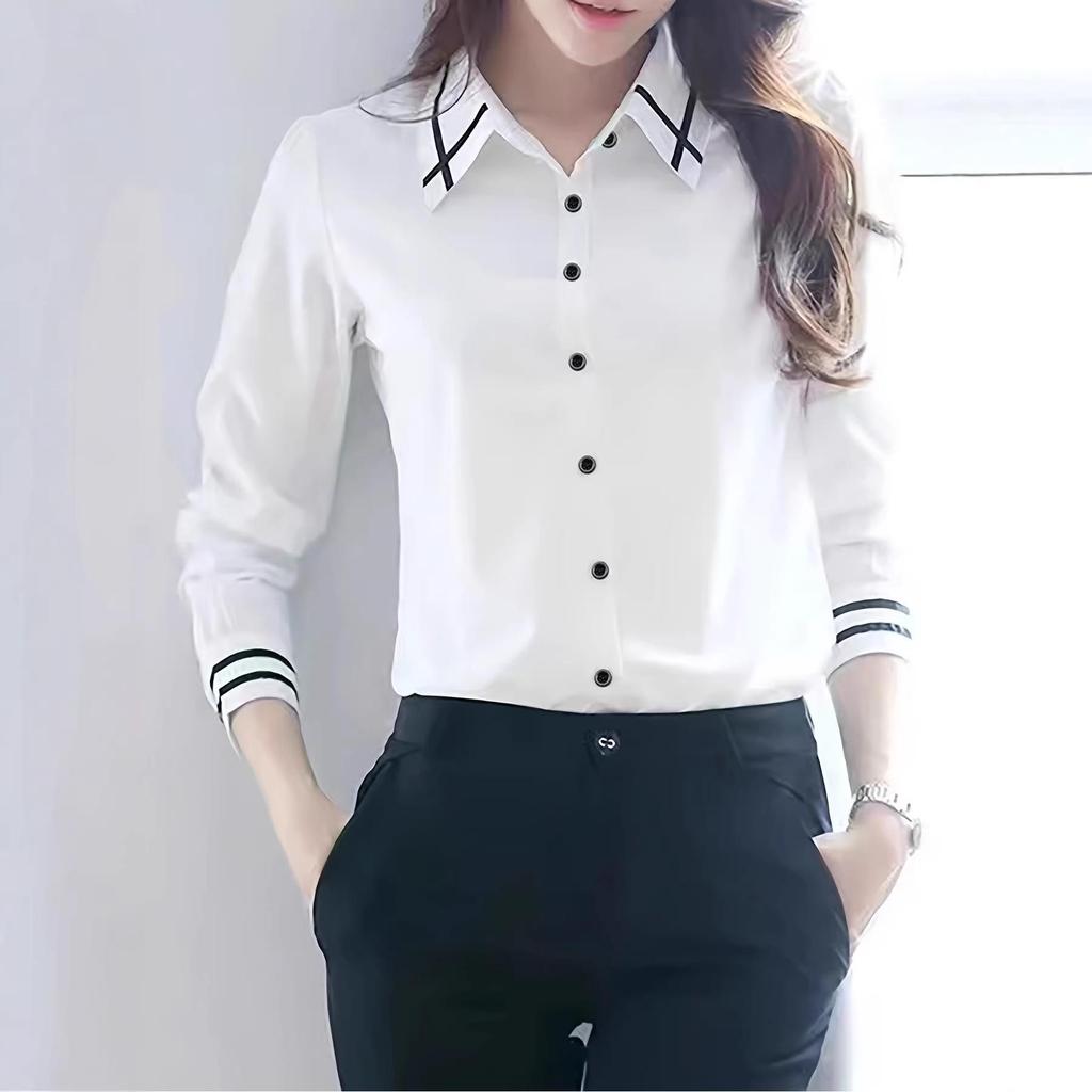 Classic Women's White Office Shirts with Contrasting Collars and Cuffs - European, American, Japanese, Korean Styles