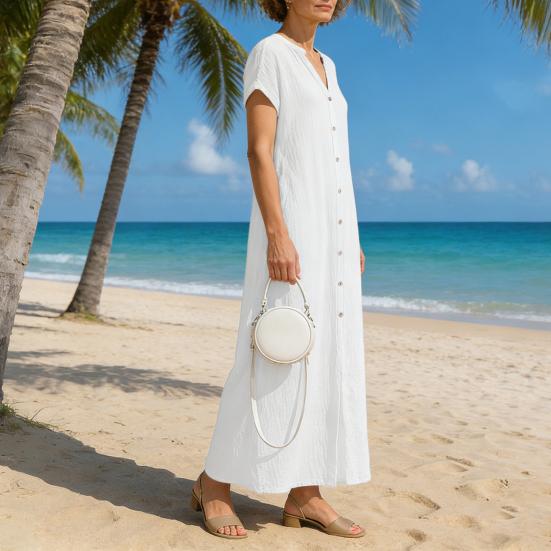 Summer Short Sleeve Cotton Dress for Women Button Down V Neck Long Dress Casual Loose Flowy A-line Beach Sundress with Pockets