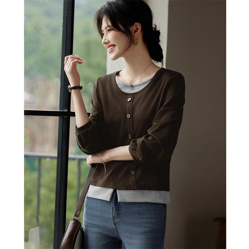 Women's Faux Two-Piece Long Sleeve Split Hem T-Shirt