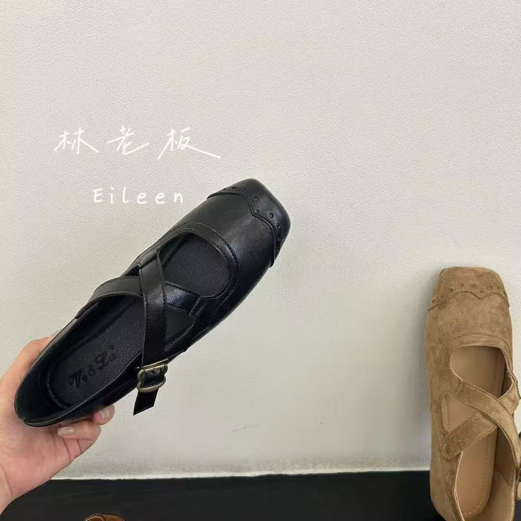 Sheepskin version~ Simple leather woven hollow commuting summer shallow mouth single shoes women's word with low heel commuting sandals