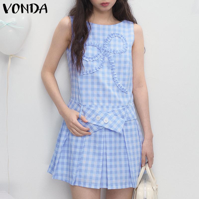 

VONDA Women Girls Round Neck Bow Knot Plaid Causal Pleated Tank Dress 5XL червоний