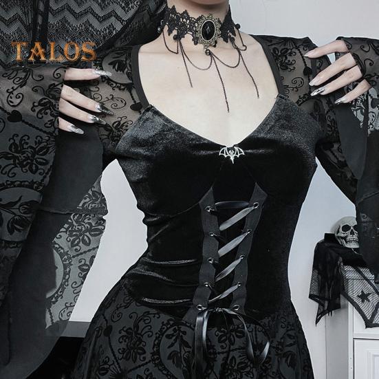 Damen Halloween Cosplay Kleid V-Ausschnitt Spitze Bindegurt Dunkler Stil Gothic Mittelalter Vintage Glockenärmel Performance Bühnenshow Kleid