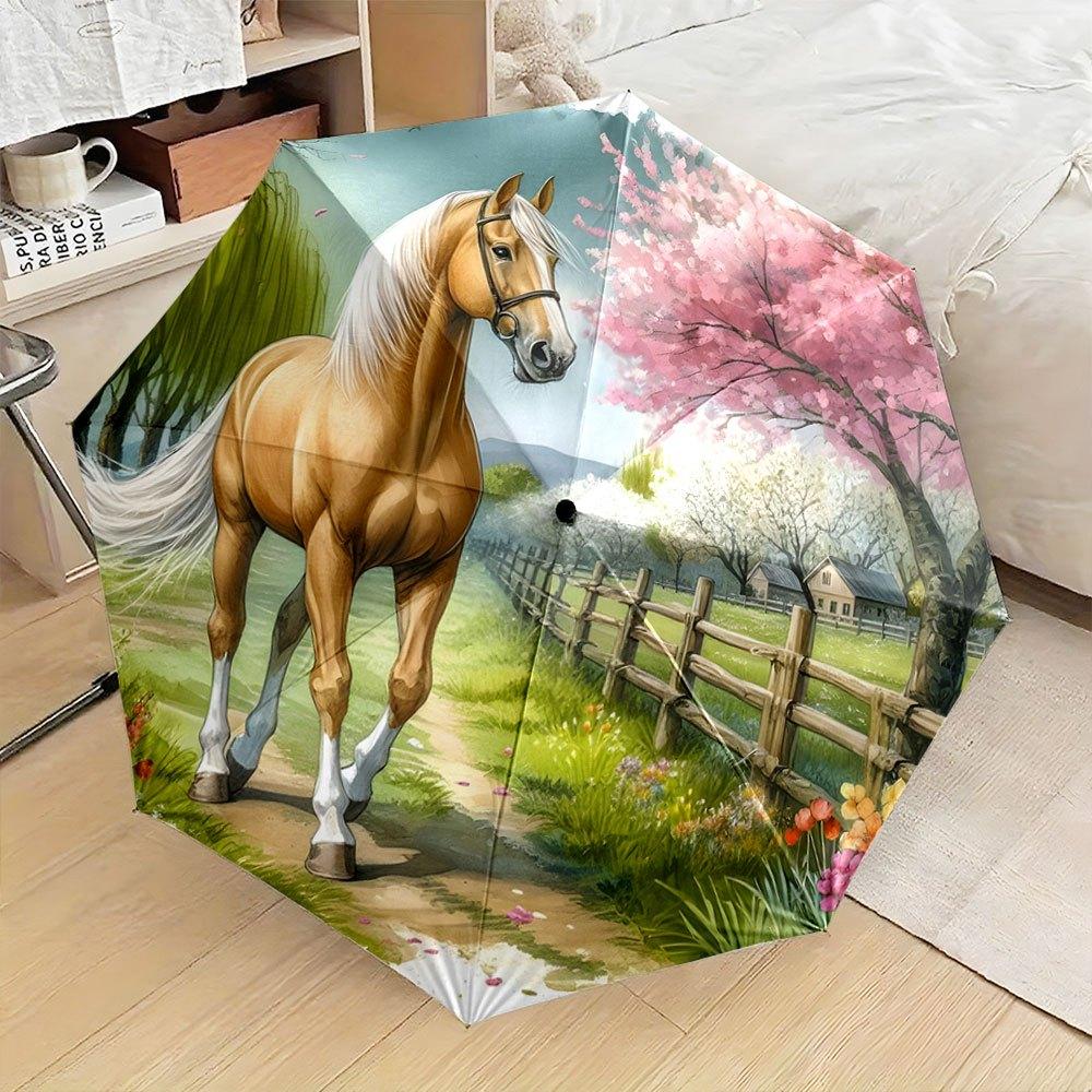 

Open/Close Horse & Cherry Blossom Folding Umbrella - 8-Rib Compact Portable -Inspired Equestrian Design Umbrella with Golden H (as the picture,Iron&8K)