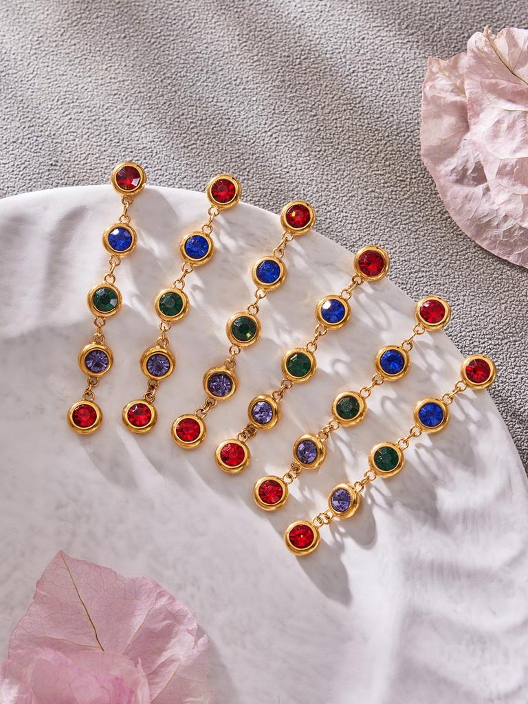 Elegantes Armband- und Halskettenset aus 5A-Zirkonia-Edelstahl mit farbigen Diamantquasten-Ohrringen