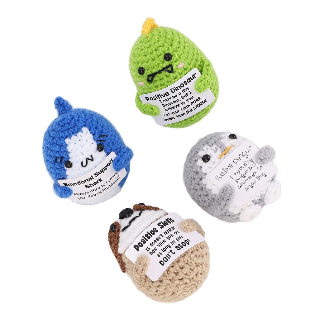 4 Pcs Crochet Animal Grey Penguin Blue Shark Dinosaur Sloth Emotional Support Positive Knitted