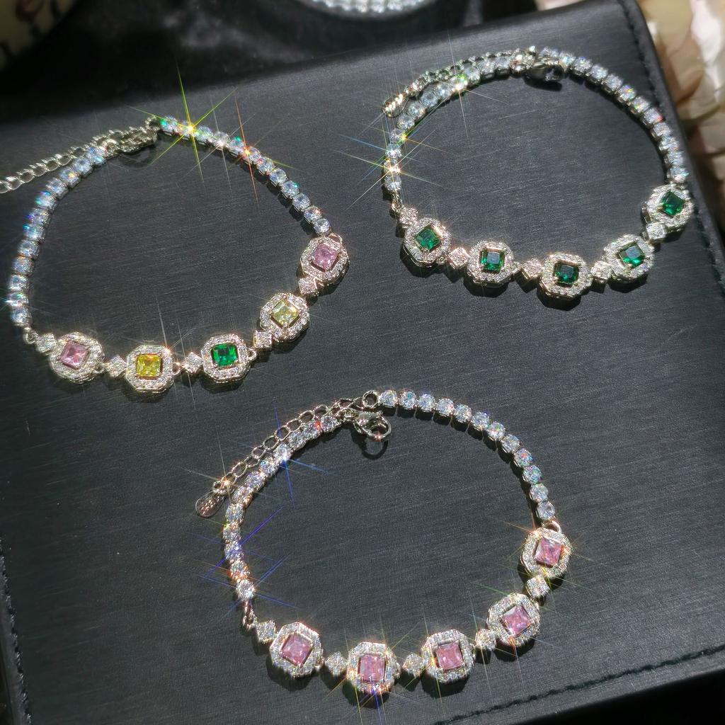 High-end Simulation Color Tourmaline Princess Square Full Diamond Bracelet Femininity Fashion Jewelry