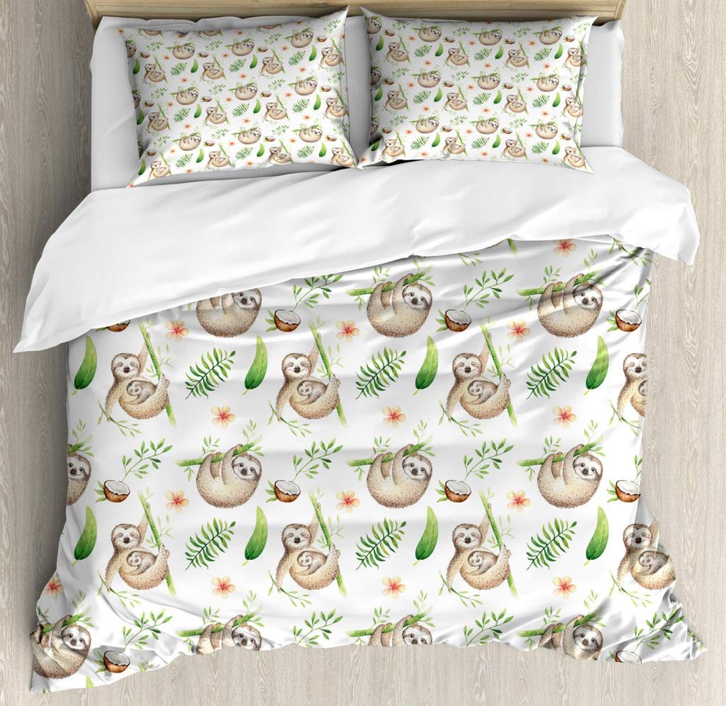 Cartoon Sloth Duvet Cover Set Girls Boys Bedroom Tropical Leaves Comforter Cover Full Size Cute Animals Bedding Set with Zipper