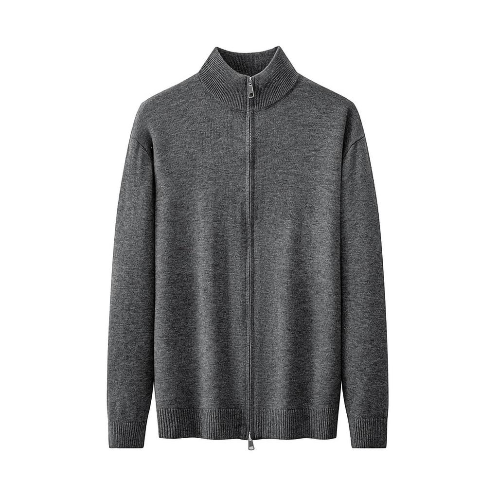 Men's Solid-color Double-zipper Cardigan Sweater Jacket, Unisex Stand-up Collar Knitted Sweater Top