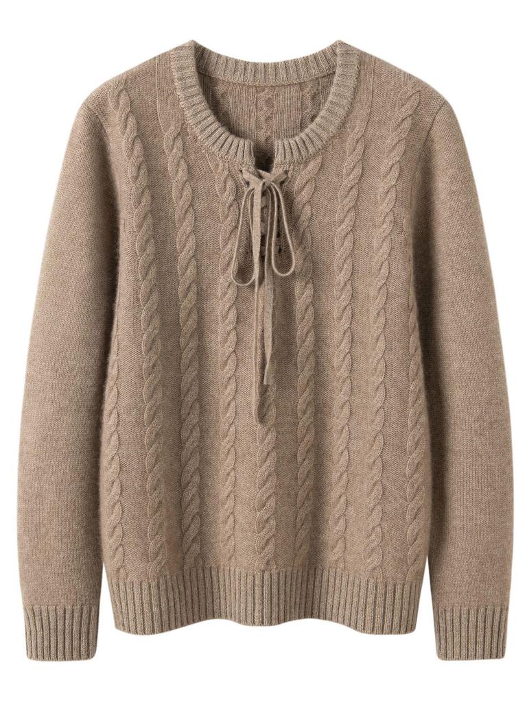 Women's Autumn/Winter 2026 Cashmere Cable Knit Lace-Up Sweater - Round Neck, Loose Fit, Slimming, Gentle Style.
