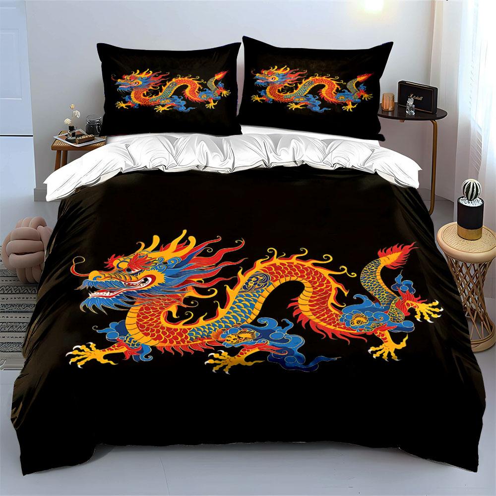 Chinese Dragon Decorative Set Bedding Set With 1 Duvet Cover 2 Pillowcases Single Double King Queen, Gift