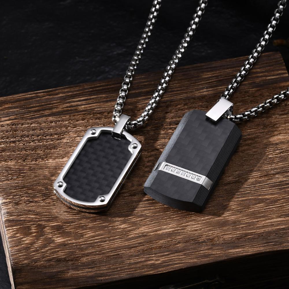 Vnox Mens Luxury Carbon Fiber Dogtag Necklaces,Black Military Dog Tags Pendant with Box Chain,Bold Geometric Collar Jewelry Gift