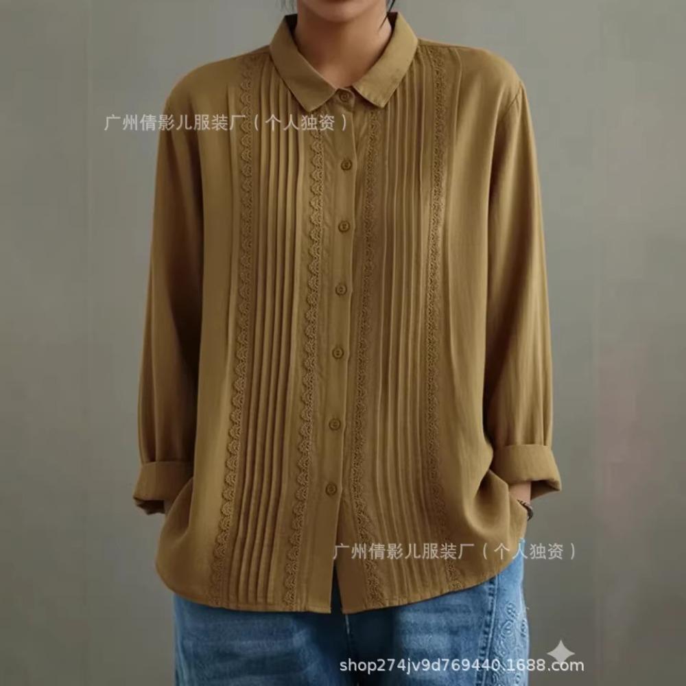 European and American Artistic Style Loose Striped Lace Trim Cotton-linen Long-sleeve Women's Shirt Top
