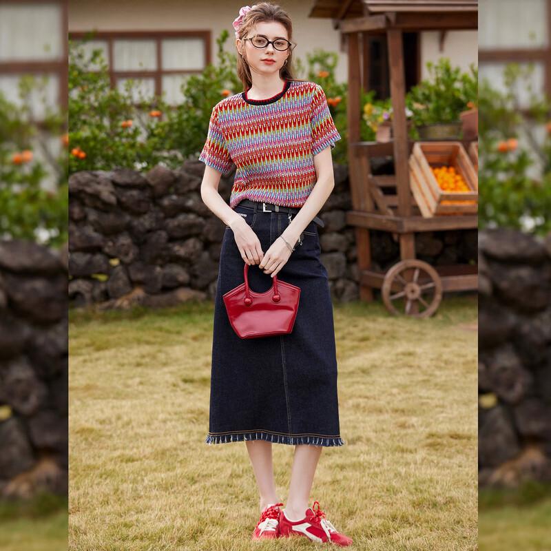 Bailuyu Women's Colorful Knitted Short Sleeve T-Shirt