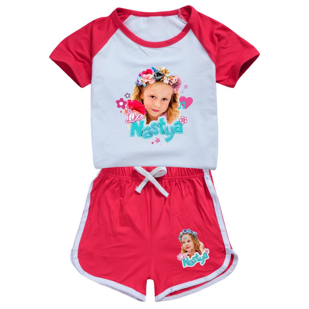 5556 Kids Girls Nastya Printed Top Pants Sport Tracksuit Clothes Set 100cm красный
