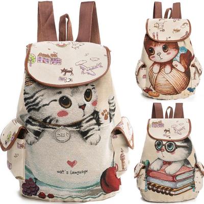 2021 Women Canvas Large Rucksack Ladies Cat Print School Bag Laptop Notebook Backpack