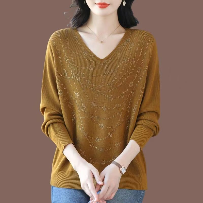 Maglione da donna con scollo a V Primavera Autunno Manica Lunga Ampio Morbido Delicato sulla Pelle Top a Maglia Pullover a Maglia con Strass