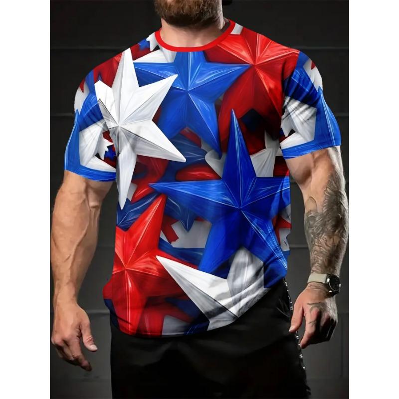 

Men s 3D Printed Patriotic T-Shirt- Bold Red, White, and Blue Starburst Pattern, S