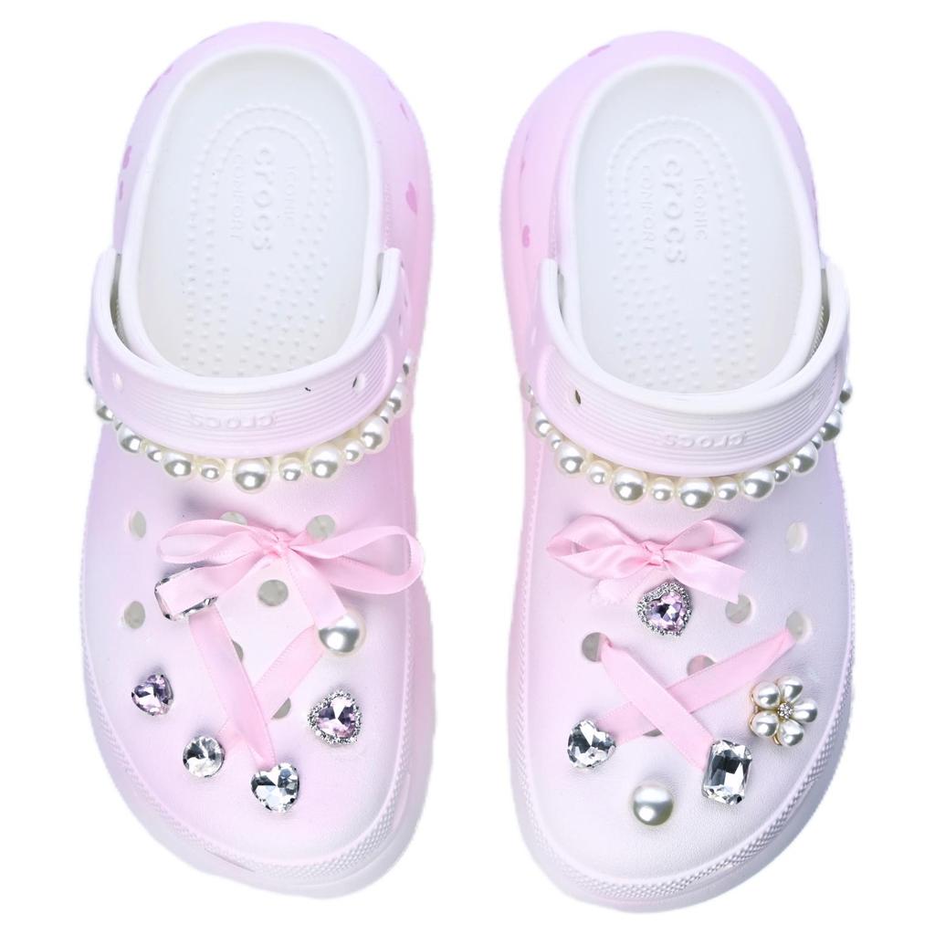 Crocs Crush Clog Sweetheart Princess EVA Exquisite Shine Versatile Hole Shoes Unisex Pink and White