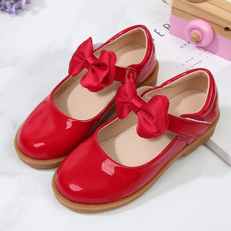 2024 New Soft Princess Shoes Black Bow Hook & Loop Glossy Fashion Kids Shoes Drop Shipping Cute Children Casual School Shoes PU