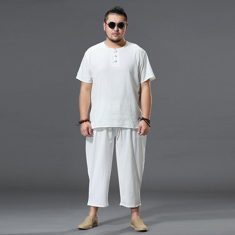 Summer linen suit men's buckle short-sleeved t-shirt ice silk thin trendy men's Chinese shorts cotton and linen two-piece set
