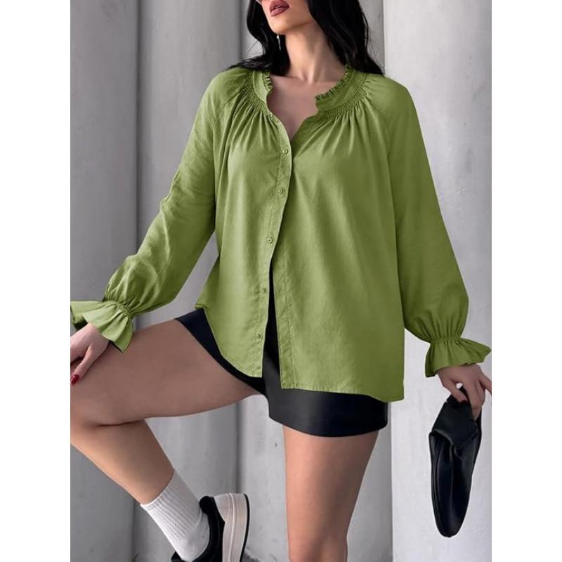 Spring and Autumn New Women's Elegant and Sweet Loose Casual Lantern Sleeve V-neck Ruffle Shirt