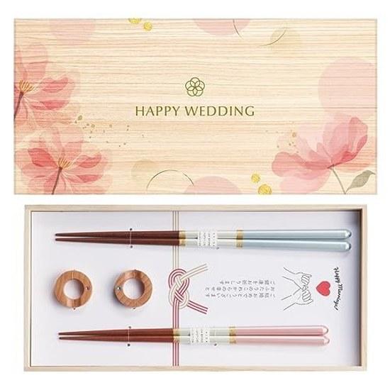 Paulownia Box Set Couples Chopsticks Made Japan Chopstick Rests Washi Gift Wrapping Champagne Pair Wedding Marriage Celebration Two Pink Floral.