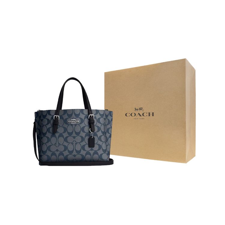 Coach Mollie Classic Monogram Zip Closure Coated Canvas And Leather Tote Bag Women tote Silver Midnight-Navy C4250-SVN2V