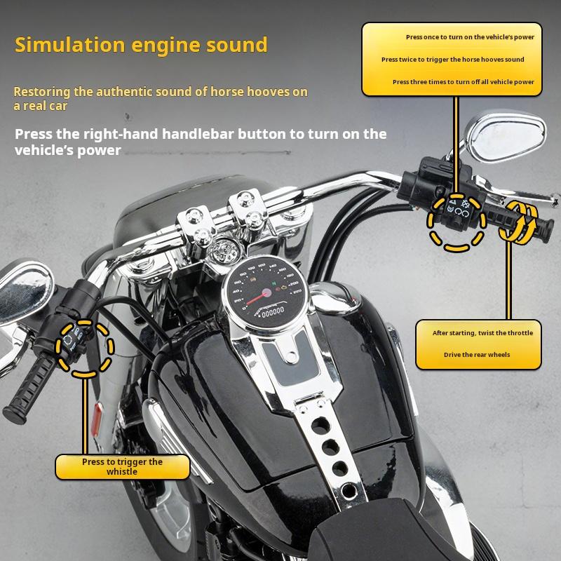 1:6 Harley Fat Boy Retro Heavy Motorcycle Diecast Alloy Simulated Remote Control Ignition & Spray Effect Toy Model Collect Light