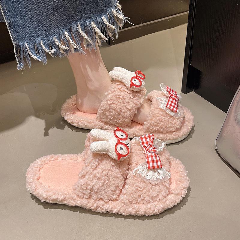 Cute cartoon fluffy slippers women's 2025 autumn and winter new outer wear non-slip fluffy warm character cotton mop