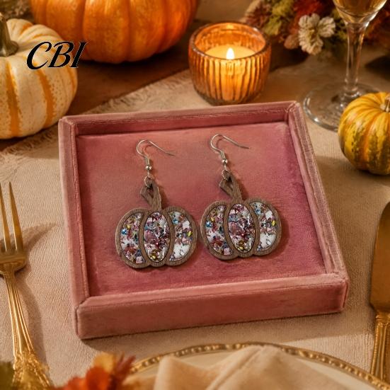 Hypoallergenic Earrings for Sensitive Ears 1 Pair Fall Thanksgiving Pumpkin Women, Wooden Festive Shaped Dangle Drop Earrings, Autumn Halloween