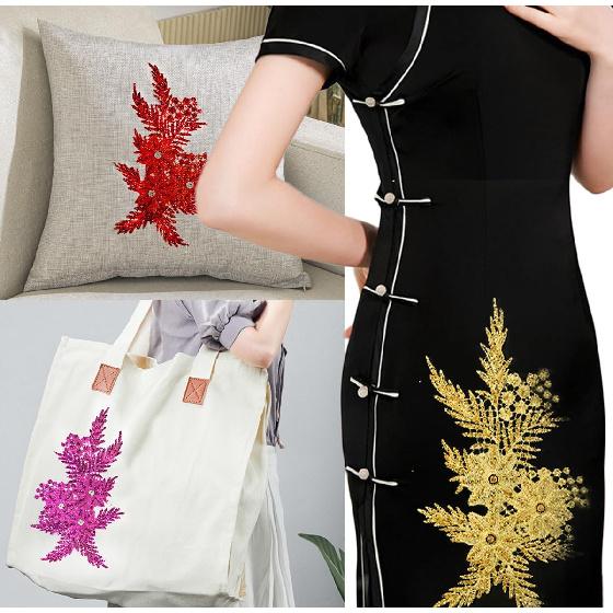 4er-Pack 3D-Blumen-Pailletten-Applikation mit Strass-Glitzer-Perlen-Stickerei, Stoff-Spitzenbesatz für Hochzeit, Brautkleid, Kleid, Tasche, Kissen