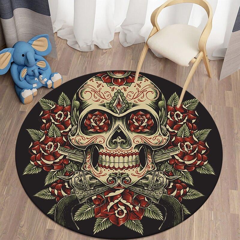 Skull Terror Art HD Printed Round Carpet for Living Room Rugs Camping Picnic Mats Bedroom Rug Flannel Anti-Slip Yoga Mat Gifts